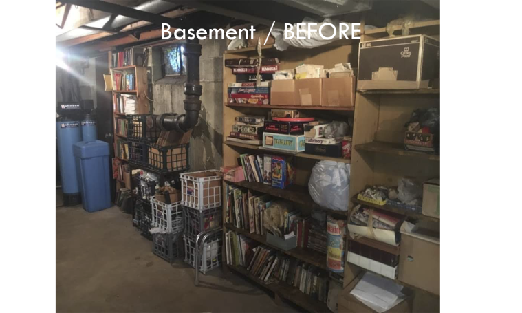 basement shelves full of books and crates and keepsakes