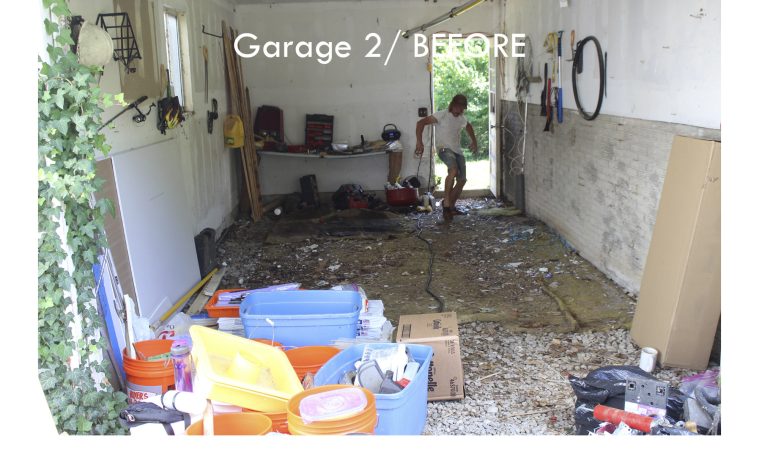 gravel floor garage with old carpet and a sagging bench, most of the stuff already removed